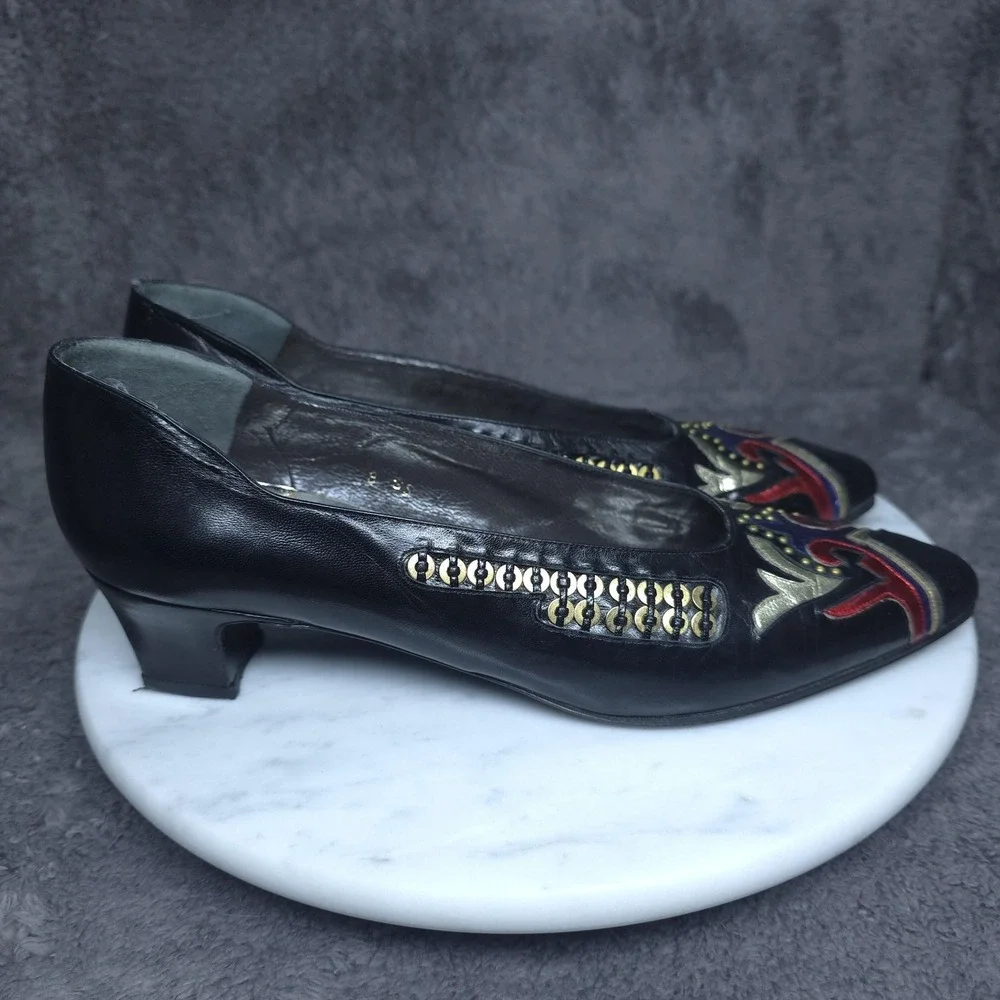 Vintage Margaret J. Shoes Womens Size 8 Black Leather Studded Pumps Italy 80s